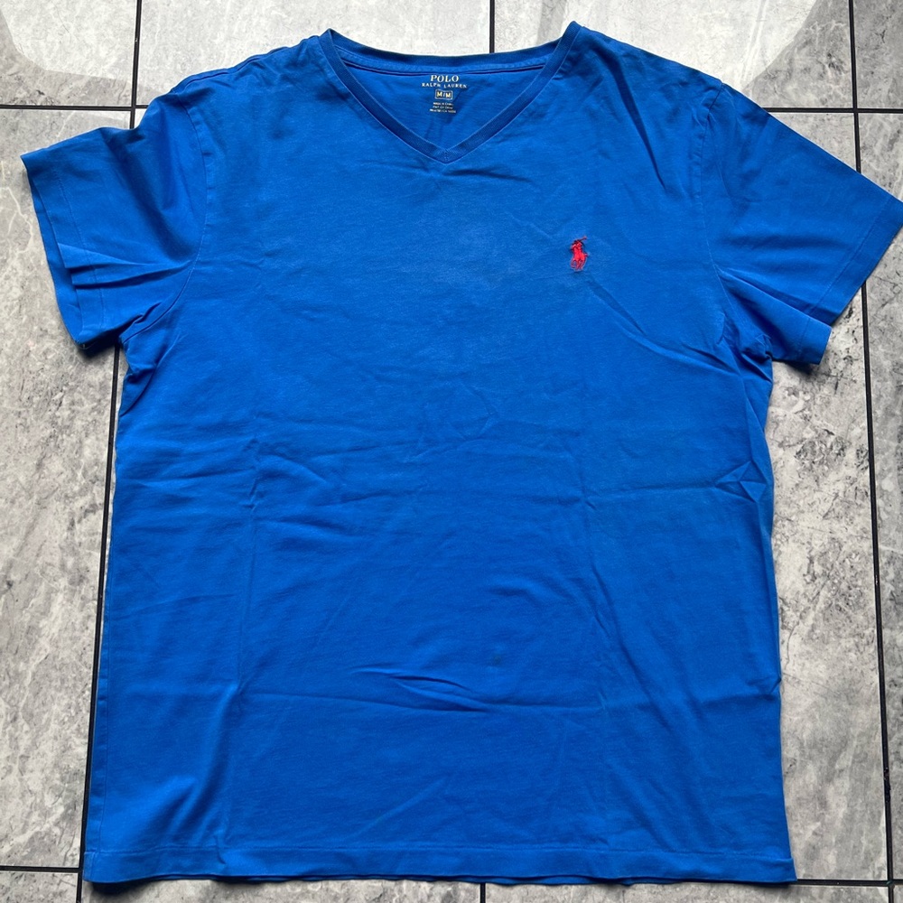 Polo Ralph Lauren Men’s Blue 100% Cotton Short Sleeve V-Neck T-Shirt Red Pony M
